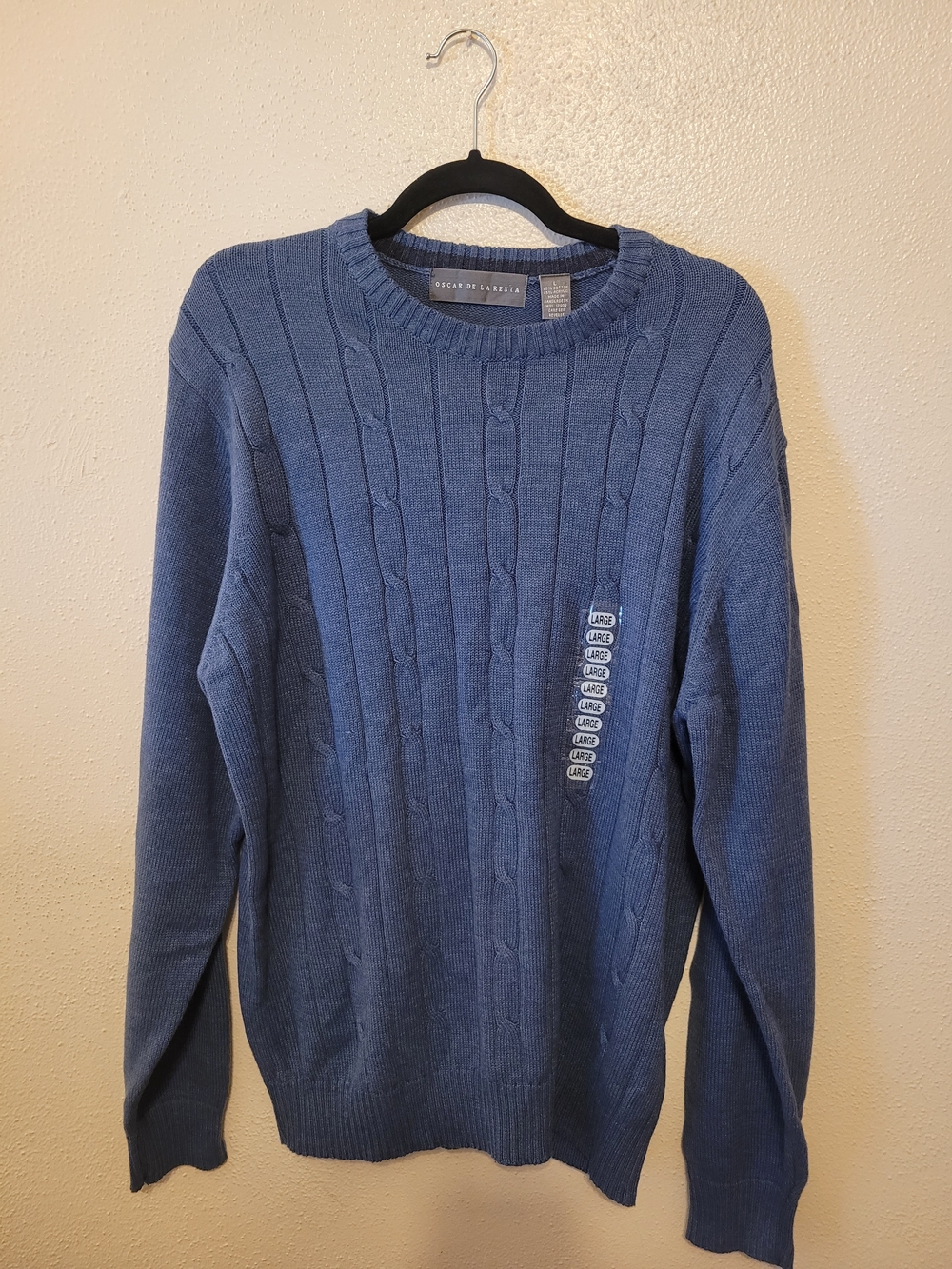Oscar de la Renta Men’s Large Blue Cable Knit Cotton Blend Crewneck Sweater NWT
